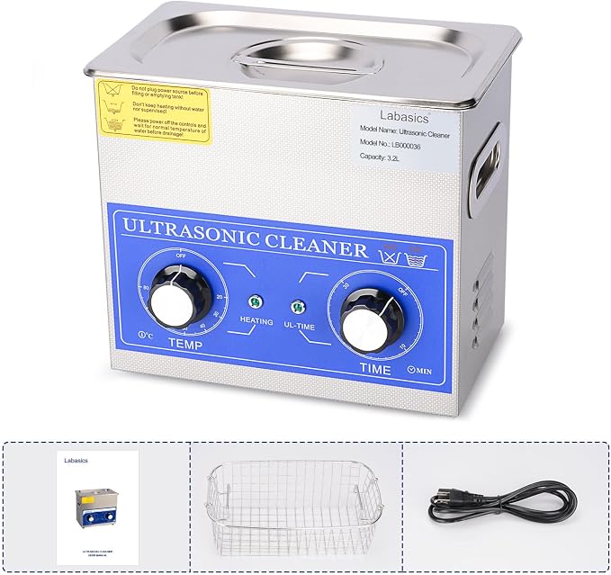 Labasics Ultrasonic Cleaning Machine, 304 Stainless Steel All-purpose Ultrasonic Washing Device with Mechanic Control Panel of Heating and Timer for Laboratory 40kHz 110V, 3.2L