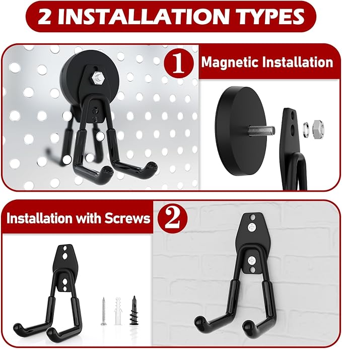 3-H Extra Strong Magnetic Hooks,Heavy Duty Large Anti-Slip Magnet Hooks,No-Drill Tool Holder for Garage,Power Drill,Garden Tools,Hose Storage,4 Pack Black