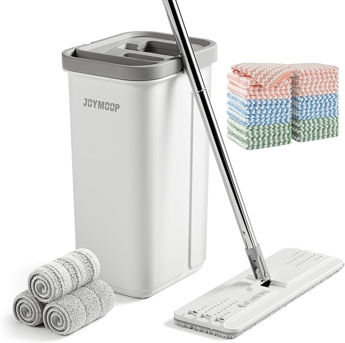 JOYMOOP Hands-Free Mop and Bucket with Wringer Set with Microfiber Cleaning Cloth, Househould Cleaning Tool of Floor Mop and Kitchen Towels