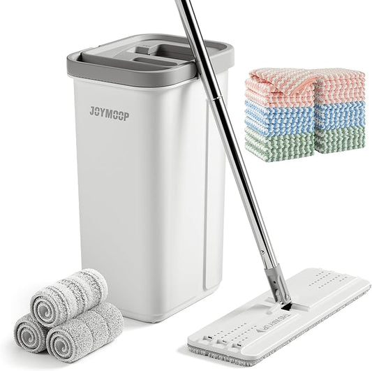 JOYMOOP Hands-Free Mop and Bucket with Wringer Set with Microfiber Cleaning Cloth, Househould Cleaning Tool of Floor Mop and Kitchen Towels
