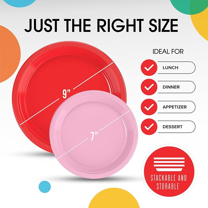 Exquisite Party Solids Red & Pink Plates Disposable Red & Pink Plastic Plates 100 Pieces - 50-7" & 50-9" Heavy Duty 350 GSM Disposable Dinnerware Sets, Plastic Dinnerware Sets