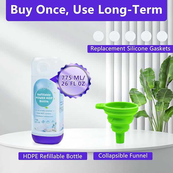 2 Pack Power Mop Refillable Bottle for Swiffer PowerMop, Empty Reusable Bottle for Power Mop, 26 FL OZ Leak-Proof HDPE Solution Container with 5 Silicone Gaskets & Folding Funnel