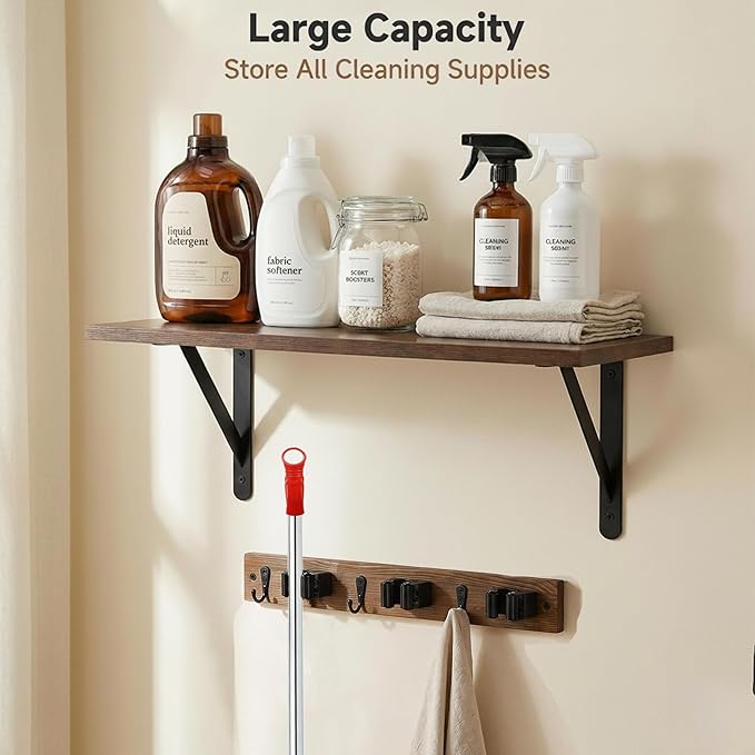Wooden Broom Holder Wall Mount with Hooks and Shelf Mop Hangers Storage Rack with Cleaning Supplies Organizer Farmhouse Garage Laundry Room Wood Shelf (Brown, 1)