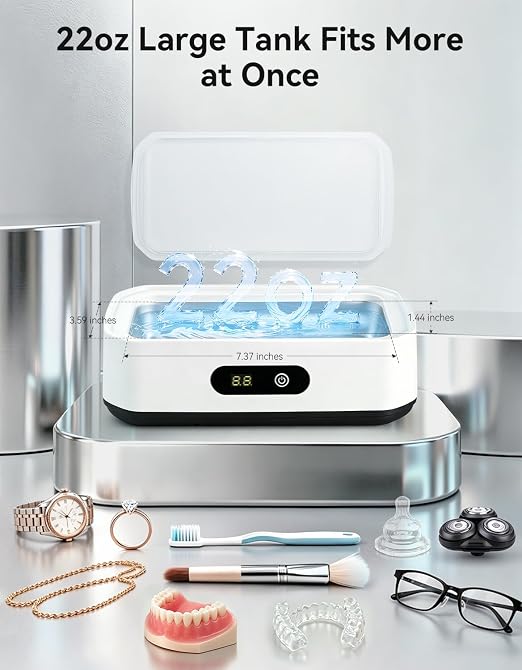 Ultrasonic Jewelry Cleaner, 22oz 49kHz Cleaner for Retainer, Eyeglasses, Watches and Rings, 304 Stainless Steel Tank, Digital Timer, 5 Cleaning Modes, Gift for Mom, Bride or Dentists