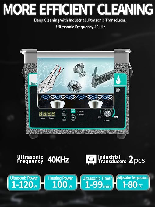 Ultrasonic Cleaner 3L with Adjustable Power & Sweep, 120W Ultra Sonic Cleaning Machine, Digital Timer and Heater, Heavy-Duty Parts Cleaner for Industrial, Motorcycle, and Hardware Tools