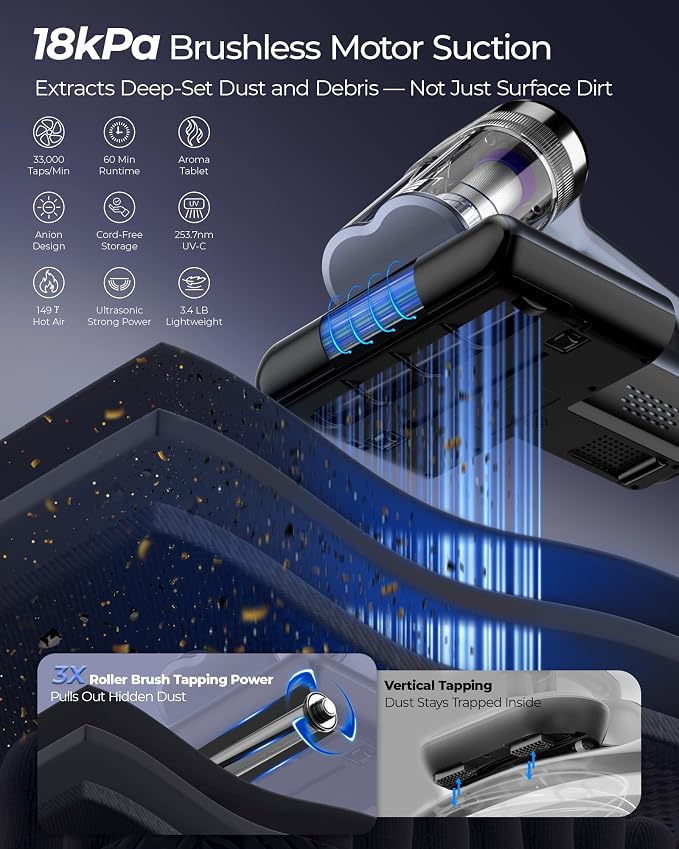 Teant Upgrade Cordless Mattress Vacuum with 18kPa Ultra-Deep Suction, 2-Speed Bed Vacuum with 33000 RPM/Min Roller Brush, 253.7nm UV-C Light & LED Display, HEPA, 149℉ Heat, Aroma & Anion for Bed Sofa