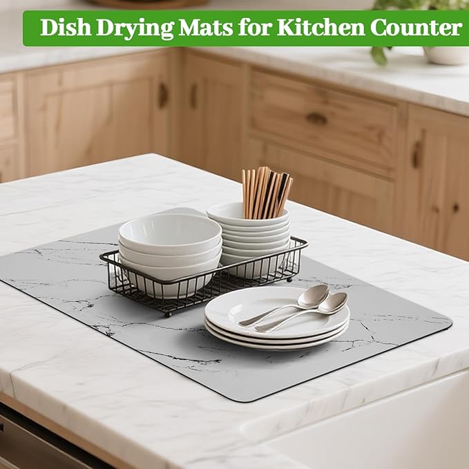 2 Pack Dish Drying Mat For Kitchen Counter,24"x16" Coffee Mat，Absorbent Hide Stain Non-slip Rubber Backed，Easy Clean, Heat-resistant, Large Kitchen Drying Mat（White+Gray）
