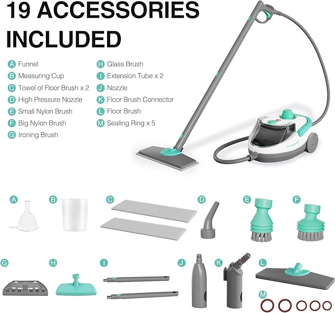 HAUSHOF Steam Cleaner, 1500W Powerful Steam Cleaner for Home with 19 Accessories & 51Oz Water Tank, Chemical-Free Multipurpose Portable Steambot for Floor, Tile, Grout, Couch, Window & Car