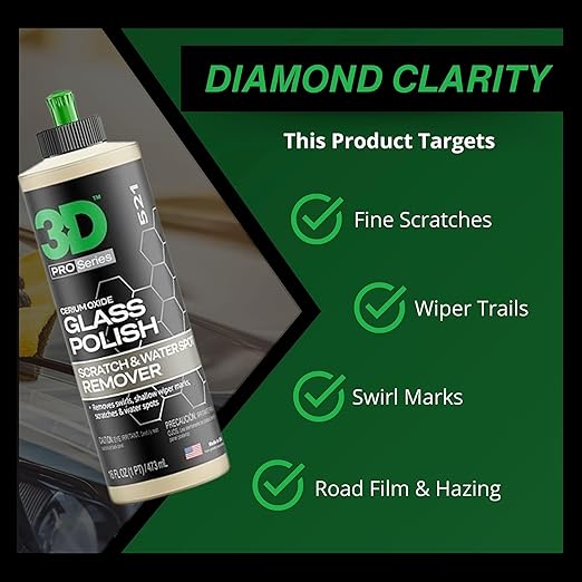 3D Glass Polish – Cerium-Oxide Based Window Polish, Light & Fine Glass Scratch Remover for Car Windows – Restores Clarity & Removes Wiper Marks, Swirls, Water Spots - 16oz