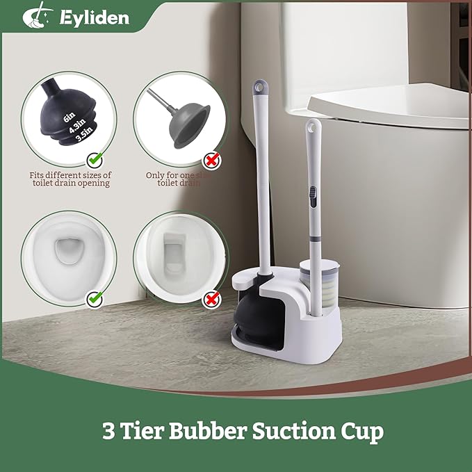 Eyliden Toilet Brush and Plunger Combo Set | 2-in-1 Disposable Toilet Bowl Wand Kit with 10 Refill Heads, Toilet Plunger, Compact Storage Holder | Bathroom Cleaning System for Home, White