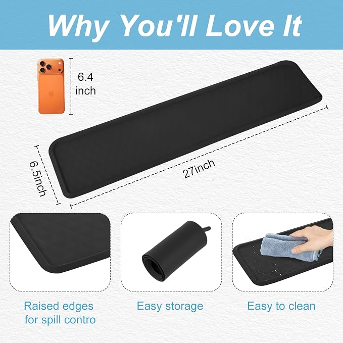 Refrigerator Mat, 27" L x 6" 1/2 D Washing Machine Spill Liner, Drip Tray and Leak Catcher Mat, Fridge Mat Prevent Water Leakage and Floor Damage from Elecrical Equipment Heavy Duty Black