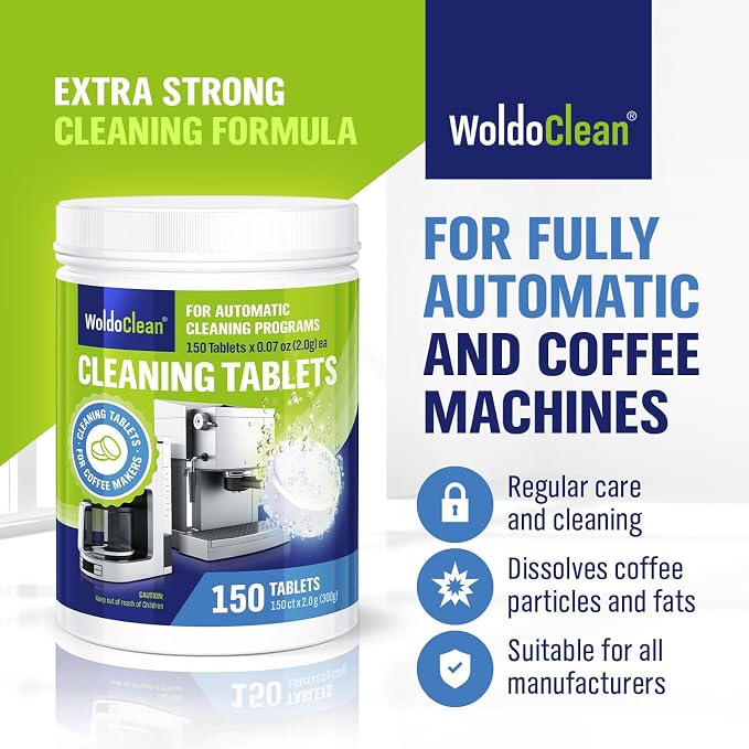 WoldoClean Coffee Maker Cleaning Tablets 150 Pack - Espresso Cleaner | Compatible with DeLonghi, Jura, Breville, Gaggia, Krups, Philips, Saeco
