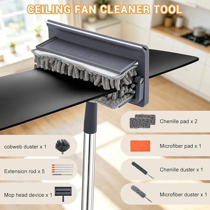360° Ceiling Fan Blade Cleaner with 76“ Long Handle, 4-in-1 | Reusable Fan Duster for Ceiling Fan Blades, Multi-Functional Chenille Duster Cleaner Kit for Baseboard, Wall, Floor, Window