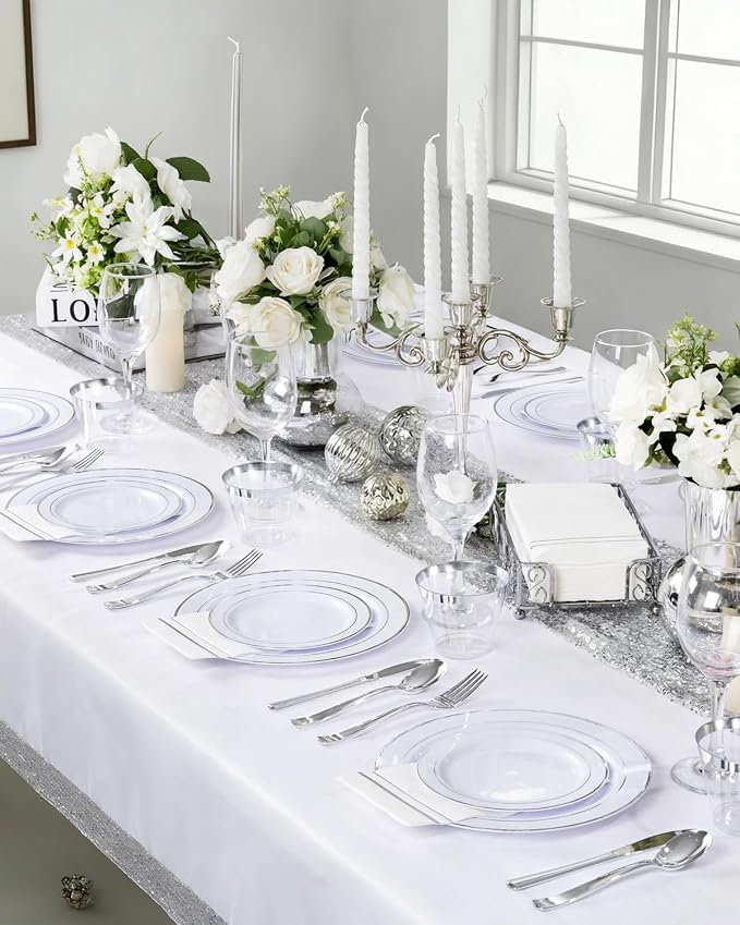 GATHER 700PCS Silver Plastic Plates - Silver Disposable Dinnerware Sets 100 Guest Include 200 Plates, 300 Silverware, 100 Napkins, 100 Cups For Wedding & Party