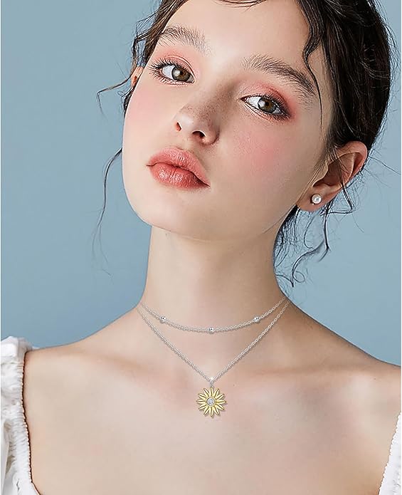 FLYOW Layered Choker Necklace S925 Sterling Silver Star Full Moon Daisy Flower Pendant Disc Jewelry Adjustable Clavicle Necklaces for Women Girls Birthday Gifts