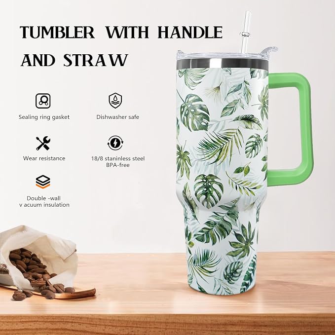 Ceovfoi 40 oz Green Insulated Stainless Tumbler - Tropical Plant Travel Coffee Cup, Water Bottle, Gardeners Gift