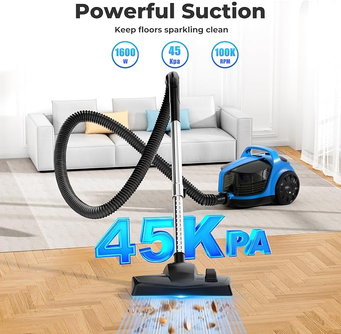 1600W Canister Vacuum Cleaner, Bagless Vacuum Cleaner with 45kPa Strong Suction, 4L Large Dust Cup, Variable Speed Control, 5 Tools, Lightweight Canister Vacuum for Home, Pet, Carpet, Hard Floor, Blue