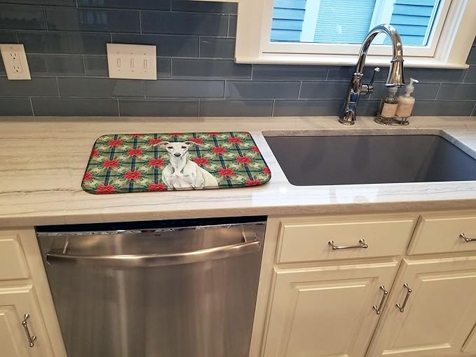 Caroline's Treasures White Whippet Christmas PoinsettIas Dish Drying Mat Absorbent Dish Drying Mat Pad for Kitchen Counter Dish Drainer Mat for Countertop, 14 x 21", Multicolor