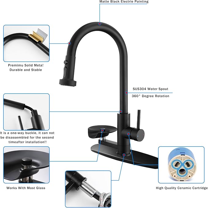 Kitchen Faucet with Glass Rinser, Pull Down Sink Faucet with 3 Spray Modes and High Pressure Glass Rinser, Single Hole 2 in 1 High Arc Stainless Steel Kitchen Faucets (Matte Black)