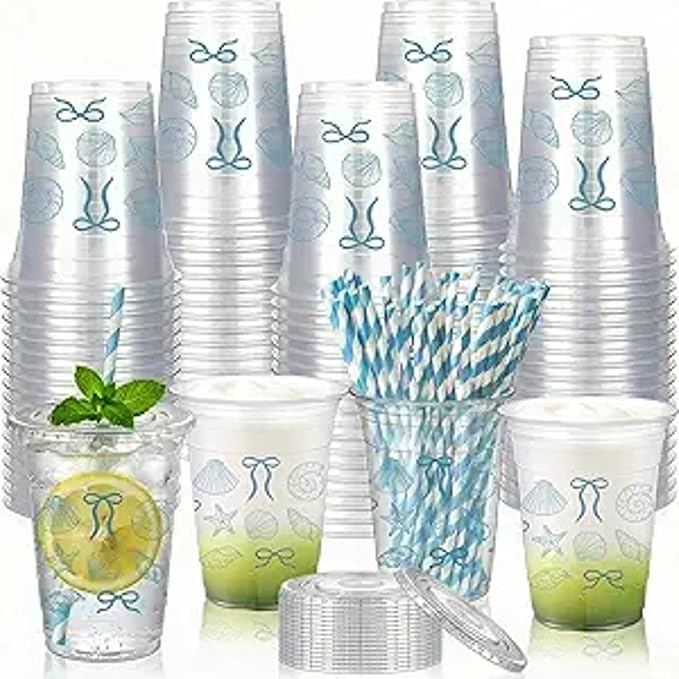 Sliner 25 Pcs 16 oz Coquette Disposable Plastic Cups with Straw for Blue Bow Starfish and Seashell Coast Party Supplies Bow Cups Birthday Wedding Bridal Party Drinkware Baby Shower Decorations