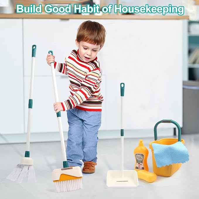 Detachable Kids Cleaning Toy Set - Broom, Mop, Dustpan, Brush, Rag Play, Housekeeping Kit, STEM Really Clean Toys Gift for Girls & Boys