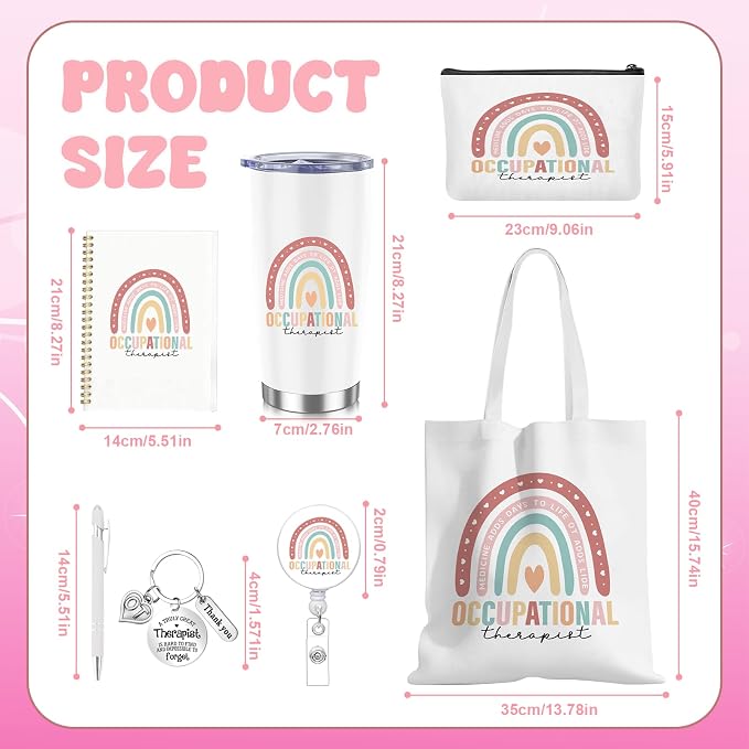 7 Pcs Occupational Therapy Appreciation Gifts with Flower Canvas Tote Bag Makeup Bag Tumbler Mug OT Spiral Journal Notebook Ballpoint Pen Badge And Keychain for Graduation Teacher Student OT Gifts