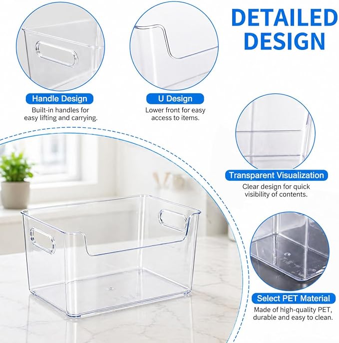 Clear Plastic Storage Bins, Pantry Organizers and Storage, Cleaning Supplies Organizer, Under Sink Storage, Snack Organizer, Multi-Use Organizer Bins for Chips, Vitamin, Spices, Makeup