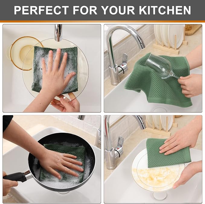 Kitinjoy 100% Cotton Kitchen Dish Cloths (12 X 12 Inches, Grass Green), 12 Pack Waffle Weave Ultra Soft Absorbent Dish Towels for Drying Dishes Quick Drying Kitchen Towels Dish Rags