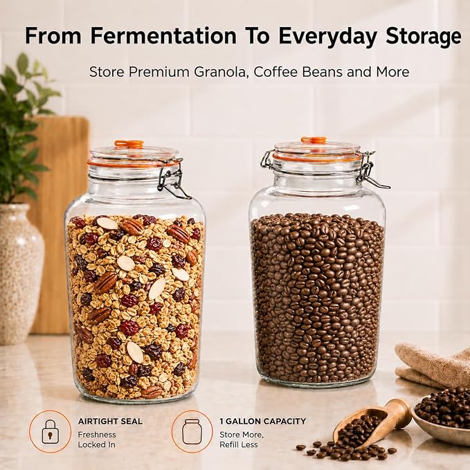 1 Gallon Fermentation Jars with Airlocks & Glass Weights, 2-Pack | Self-Burping Airlocks Vent Gas, Glass Weights Keep Food Below the Brine for Easier, More Consistent Homemade Fermentation
