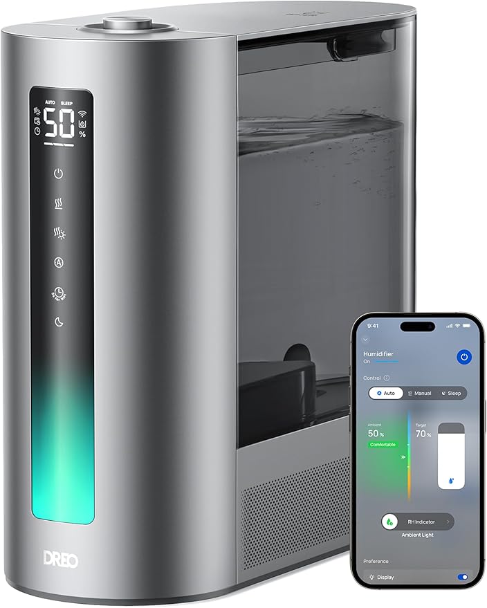 DREO 6L Smart Warm & Cool Mist Humidifiers for Bedroom HM713S | 60-Hour Quiet Runtime for Large Room, 500ML/HR Output, Smart Humidity Sensor, Indicator Light, Works with Alexa & Google