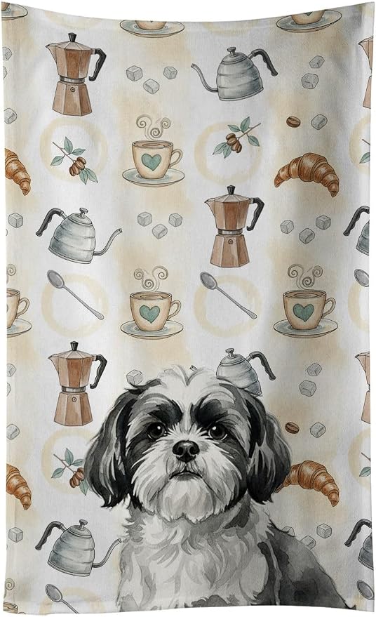 Caroline's Treasures Black and White Shih Tzu Coffee Bar Kitchen Towel Velour Plush Front and Cotton Loop Back Machine Washable