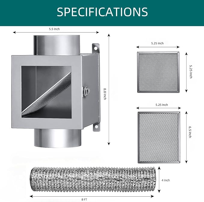 Metal Dryer Lint Trap, Dryer Duct Lint Trap for Dryer Vent, Indoor Dryer Vent Kit with 4inch Dryer Vent Hose, 2 Clamps, 2 Stainless Steel Mesh, Dryer Lint Catcher Outdoor Lint Trap for Electric Dryers