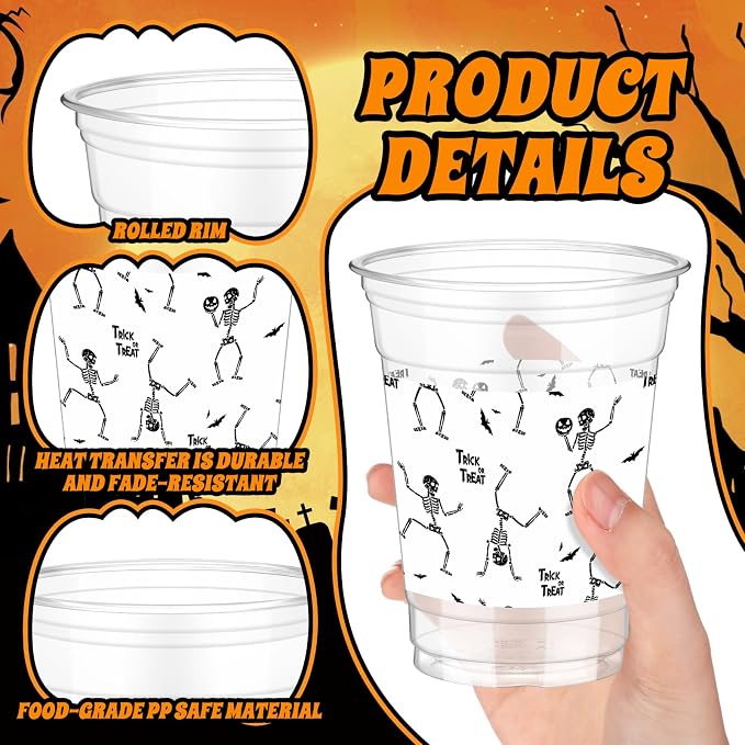 Bokon 100 Pcs Skeleton Halloween 12 oz Plastic Cups Disposable Cocktail Glasses Happy Halloween Cute Disposable Cups for Coffee Juice Hot Cold Drinks Party Supplies (Black and White, Skeleton)