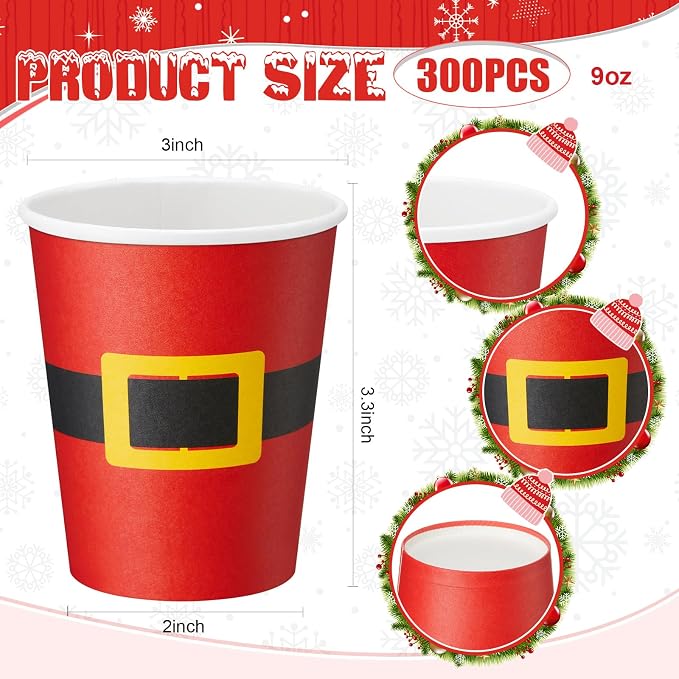 Yaomiao 300 Pcs 9 oz Christmas Paper Cups Santa Claus Belt Design Disposable Christmas Hot Cocoa Coffee Cups Bulk for Hot Cocoa Chocolate Beverage Bar for Daily Use Xmas Holiday Party Supplies