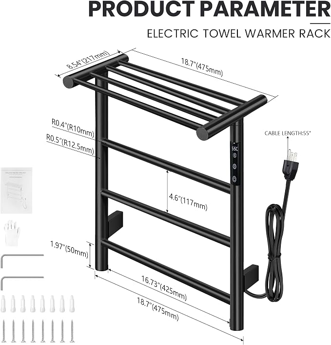 Towel Warmer Wall Mounted with 3 Electric Stainless Steel Heated Bars, Hot Towel Rack for Bathroom, Plug-in BathTowel Heater with Built-in Timer, Matte Black