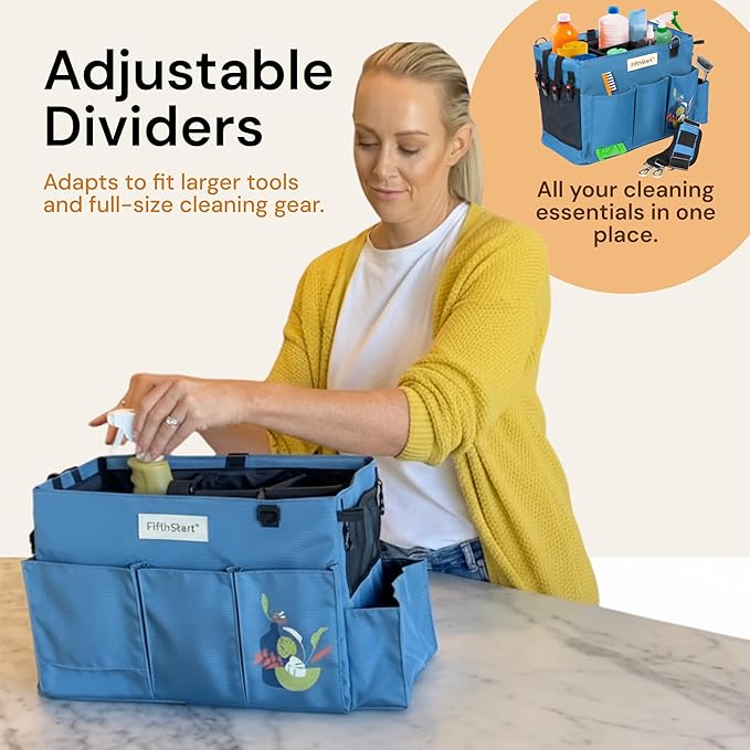 FifthStart Multiuse Cleaning Caddy with Waist, Shoulder Strap 9 Pockets, Mesh Base & Adjustable Compartments - Cleaning Caddy - Cleaning Supplies Organizer (Blue, Small)