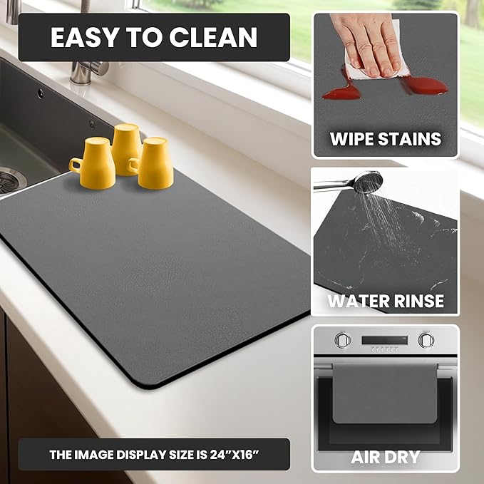 Dish Drying Mat Super Absorbent – 16" x 18" Coffee Mat for Countertops – Non-Slip Drying Mat for Kitchen Counter – Easy to Clean Water Absorbent Mat – Quick Dry Dish Mats (Dark Gray)