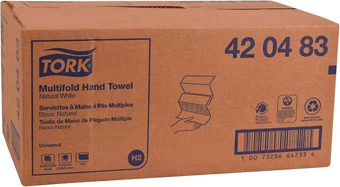 Tork Multifold Hand Towel, Natural White, H2, Universal, 3-Panel, Disposable, 100% Recycled Fibers, 1-Ply, 16 x 250 Sheets, 420483