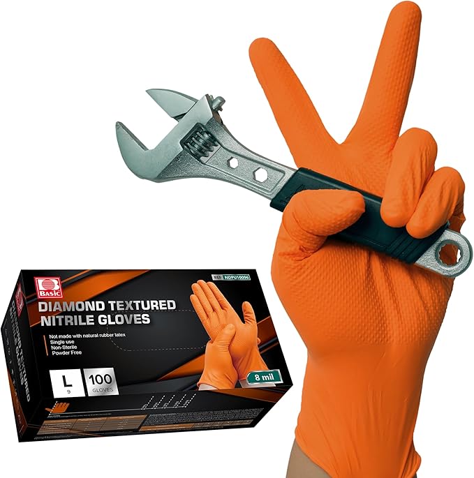 Jointown Basic Heavy Duty Nitrile Gloves, Mechanic Gloves 8 Mil Nitrile Disposable, with Raised Diamond Texture, Case of 100, Orange, Medium
