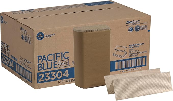Pacific Blue Basic Recycled Multifold Paper Towels (Previously branded Envision) by GP PRO (Georgia-Pacific), Brown, 23304, 250 Towels Per Pack, 16 Packs Per Case