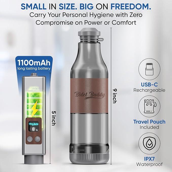 BIDET BUDDY® Evolv Portable Bidet for Travel – 530ml Bottle, Self-Cleaning Retractable Nozzle, 1100mAh Rechargeable, USB C Charging, IPX7 Waterproof with LED Display, 3 Water Flow Modes - Silver