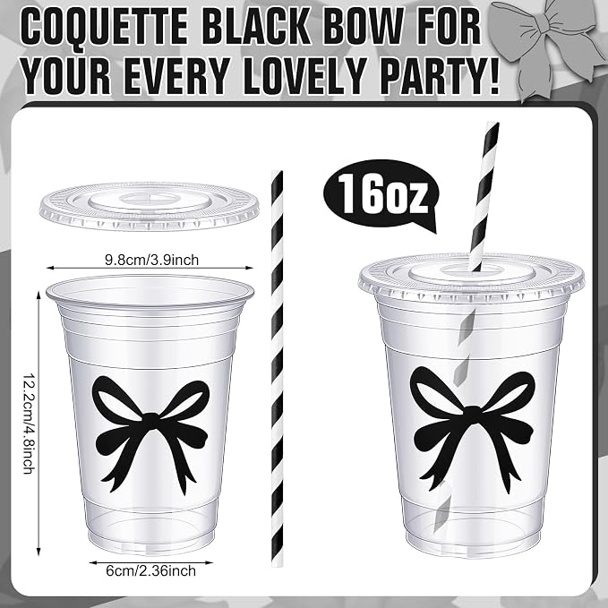 Sliner 25 Pcs 16 oz Coquette Disposable Plastic Cups with Straw for Party Supplies Bow Cups Birthday Wedding Bridal Engagement Party Drinkware Baby Shower Decoration (Black Bow)