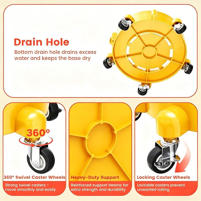 Heavy-Duty Bucket Dolly with Wheels, 5 Gallon Bucket Roller with Locking Casters & Secure Clamp, Rolling Bucket Cart for Cleaning, Gardening, Industrial Use, Max Load 300 Lbs (Yellow)