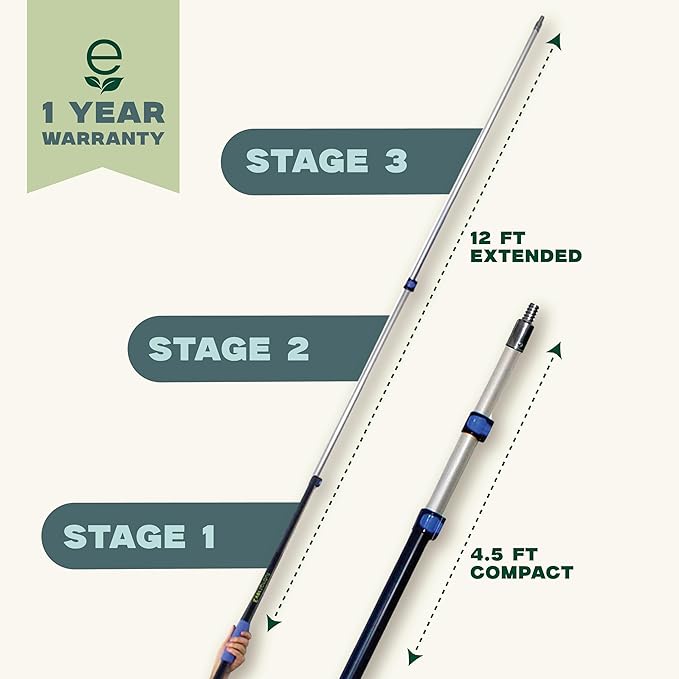 EVERSPROUT Pro 5-to-12 Foot Telescoping Extension Pole (3-Stage), Lightweight Anodized Aluminum with Flip-Tab Lock, ACME Threaded for Cleaning, Painting and More