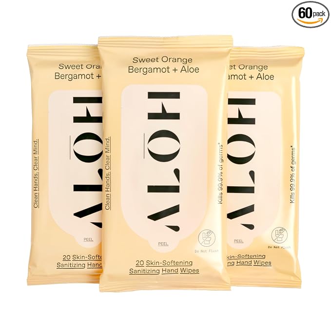 ALŌH Sweet Orange Bergamot + Aloe Sanitizing Hand Wipes - Clean Hands, Clear Mind - On The Go Hand Sanitizing Wipes for Kids and Adults - Travel Size 3 Pack 20ct Wipes (60 wipes)