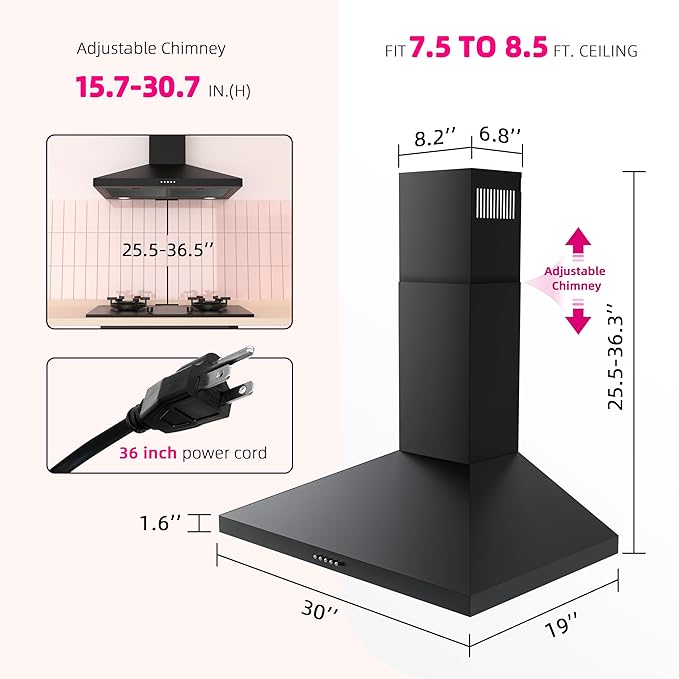 FIREGAS Black Range Hood 30 Inch, Wall Mount Kitchen Hood Ducted/Ductless Convertible, 450 CFM, 3-Speed Exhaust Fan, Stainless Steel Stove Vent for Kitchen with LED Lights, Charcoal Filters