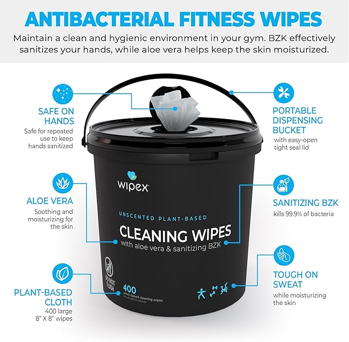 Wipex Gym & Fitness Cleaning Wipes, 400ct Dispensing Bucket with Sanitizing BZK for Hands, Great for Gym, Studios and Fitness Centers 400 Count (Pack of 1)