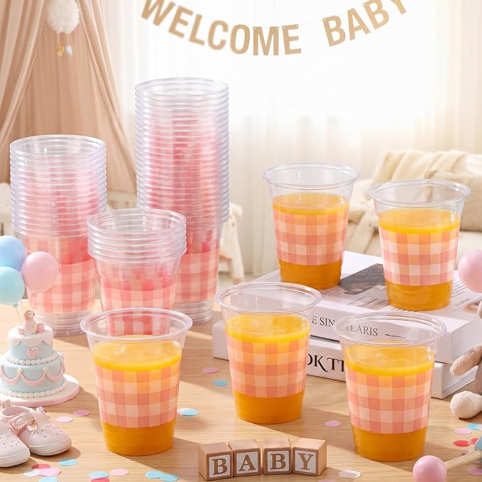 100 Pcs Pink Gingham Plastic Cups 12 oz Pink Checkered Plaid Disposable Plastic Drinking Cups Bulk for Baby Shower Wedding Birthday Christmas Party Decoration Supplies