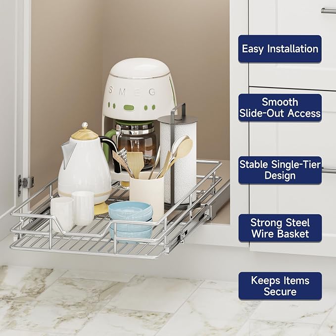 Pull Out Cabinet Organizer, 13.5" W x 21.5" D, Heavy Duty Chrome Slide Out Shelf for Base Cabinets, Sliding Wire Basket Drawer for Pantry Items, Bowls, Containers & Cleaning Supplies