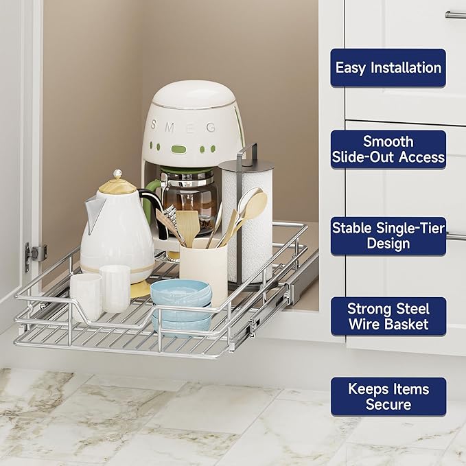 Pull Out Cabinet Organizer, 13.5" W x 18" D, Heavy Duty Chrome Slide Out Shelf for Base Cabinets, Sliding Wire Basket Drawer for Pantry Items, Bowls, Containers & Cleaning Supplies
